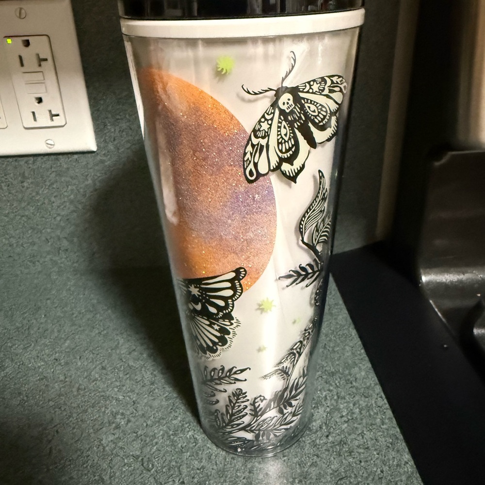 Starbucks Glow in the Dark Cold Tumbler. Moth, Skulls and Moon Tumbler * RARE *